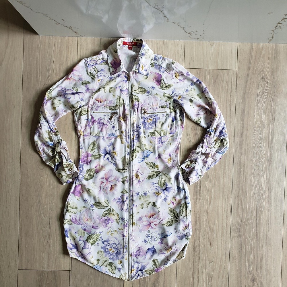 GUESS Shirt Dress Womens XS Multicolor Floral Zip Front Long Sleeve Pockets